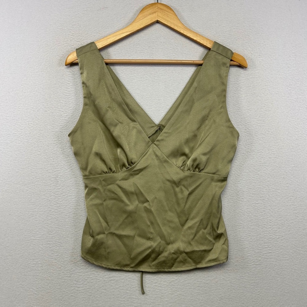 Boho Chic Milk + Honey Womens Small Olive Green Satin V-Neck Empire Waist Top